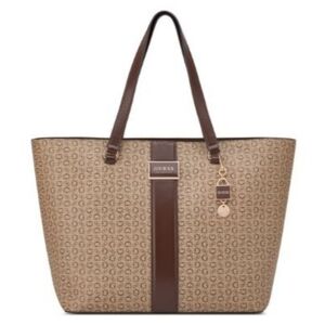 GUESS Beige and Brown Logo Tote Bag